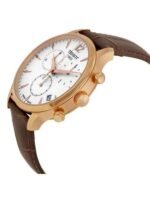 Marque: TISSOT Modèle: Tradition Boîtier: Diamètre : 42 mm Epaisseur : 11.1 mm Acier inoxydable Doré Cadran: Verre : Minéral Blanc Bracelet: Largeur : 20 mm Cuir Marron Etanchéité: 30 m (3 ATM) Type de boucle: Boucle déployante Détails techniques: Dateur Chronomètre