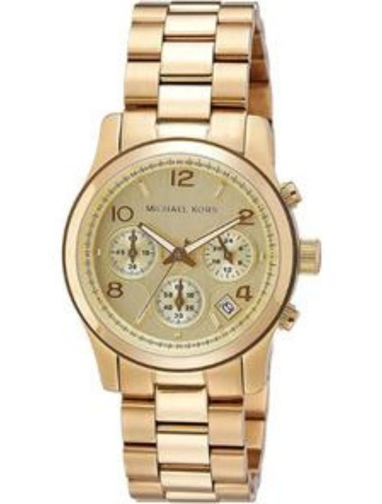 Marque: Michael Kors Modèle:runway runway Boîtier: Diamètre : 37 mm Epaisseur : 11 mm Acier inoxydable GOLD Cadran: Verre : Minéral GOLD Bracelet: Largeur : 20 mm Acier inoxydable gold Etanchéité: 100 m (10 ATM) Type de boucle: Boucle déployante Détails techniques: Dateur Chronomètre
