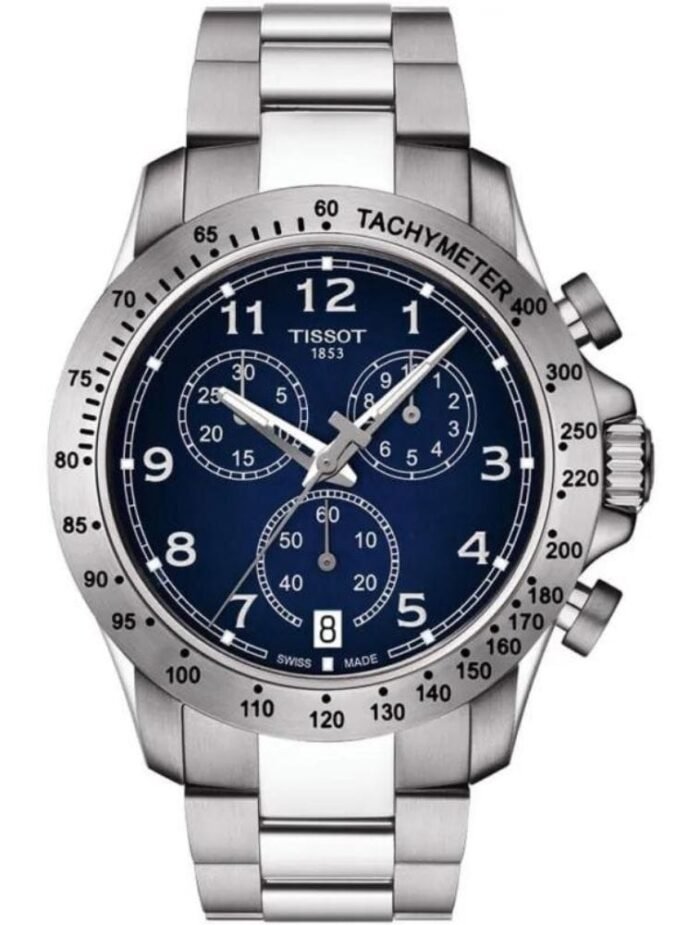 Marque: TISSOT Modèle: T-SPORT Boîtier: Diamètre : 42.5 mm Epaisseur : 11.22 mm Acier inoxydable Argent, Bleu Cadran: Verre : Minéral Bleu Bracelet: Acier inoxydable Argent Etanchéité: 100 m (10 ATM) Type de boucle: Boucle déployante Détails techniques: Dateur Chronomètre