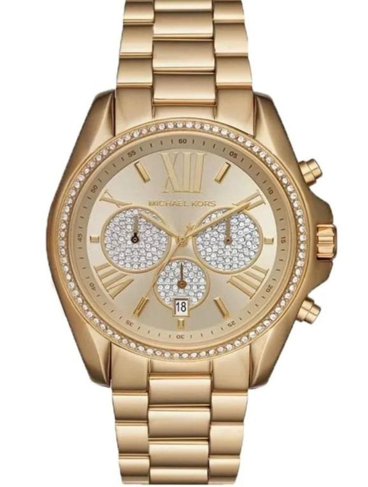 Marque: Michael Kors Modèle: Bradshaw Boîtier: Diamètre :43 mm Epaisseur : 13 mm Acier inoxydable Doré Cadran: Verre : Minéral Doré Bracelet: Largeur : 20 mm Acier inoxydable Doré Etanchéité: 100 m (10 ATM) Type de boucle: Boucle déployante Détails techniques: Dateur Chronomètre