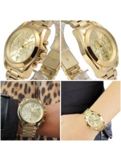 Marque: Michael Kors Modèle: Bradshaw Boîtier: Diamètre : 38 mm Epaisseur : 13 mm Acier inoxydable Doré Cadran: Verre : Minéral Doré Bracelet: Largeur : 20 mm Acier inoxydable Doré Etanchéité: 100 m (10 ATM) Type de boucle: Boucle déployante Détails techniques: Dateur Chronomètre