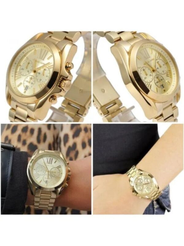 Marque: Michael Kors Modèle: Bradshaw Boîtier: Diamètre : 38 mm Epaisseur : 13 mm Acier inoxydable Doré Cadran: Verre : Minéral Doré Bracelet: Largeur : 20 mm Acier inoxydable Doré Etanchéité: 100 m (10 ATM) Type de boucle: Boucle déployante Détails techniques: Dateur Chronomètre