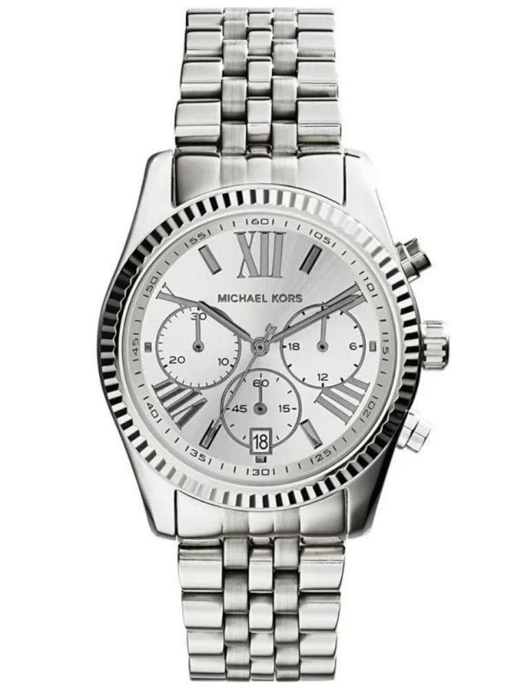 Marque: Michael Kors Modèle: Lexington Boîtier: Diamètre : 38 mm Epaisseur : 12 mm Acier inoxydable Bronze Cadran: Verre : Minéral Argent Bracelet: Largeur : 20 mm Acier inoxydable Bronze Etanchéité: 100 m (10 ATM) Type de boucle: Boucle déployante Détails techniques: Dateur Chronomètre