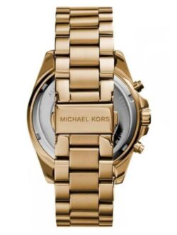 Marque: Michael Kors Modèle: Bradshaw Boîtier: Diamètre :43 mm Epaisseur : 13 mm Acier inoxydable Doré Cadran: Verre : Minéral Doré Bracelet: Largeur : 20 mm Acier inoxydable Doré Etanchéité: 100 m (10 ATM) Type de boucle: Boucle déployante Détails techniques: Dateur Chronomètre