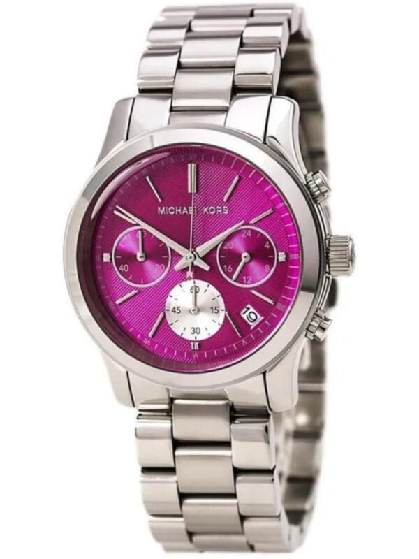 Montre Michael Kors MK6160 en acier argenté avec cadran rose fuchsia pour femme au Maroc.