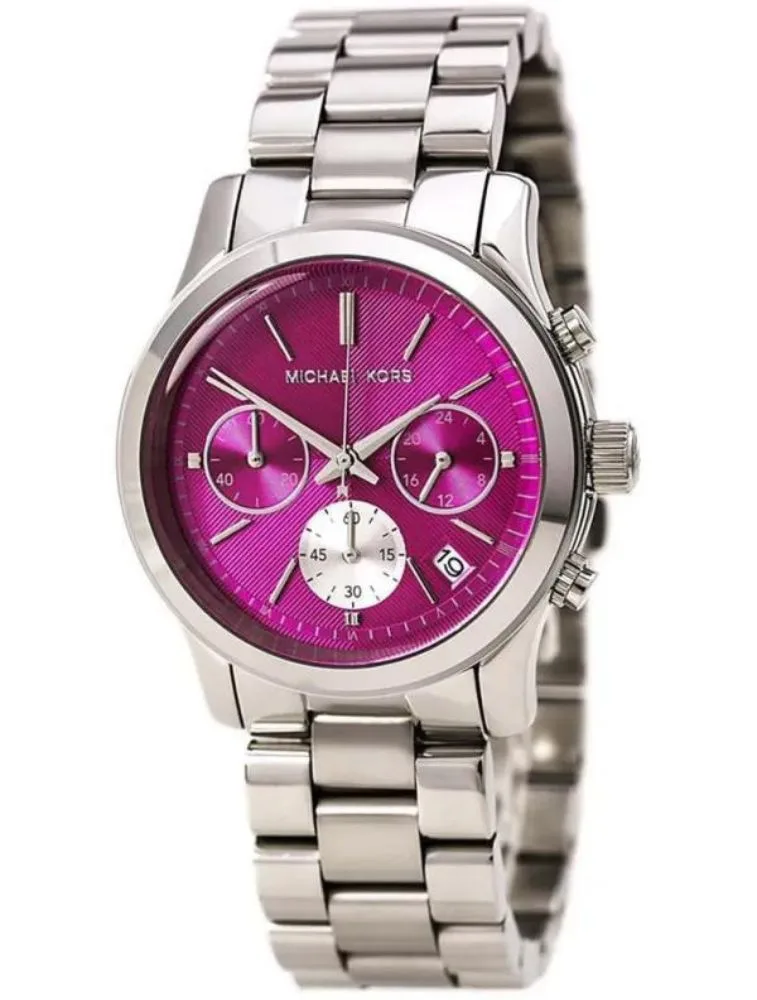 Montre Michael Kors MK6160 en acier argenté avec cadran rose fuchsia pour femme au Maroc.