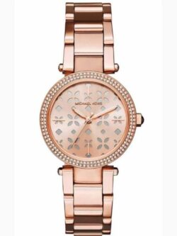 Marque: Michael Kors Modèle: Parker Boîtier: Diamètre : 33 mm Epaisseur : 9 mm Acier inoxydable Doré Cadran: Verre : Minéral Doré Bracelet: Largeur : 15 mm Acier inoxydable Doré Etanchéité: 100 m (10 ATM) Type de boucle: Boucle déployante