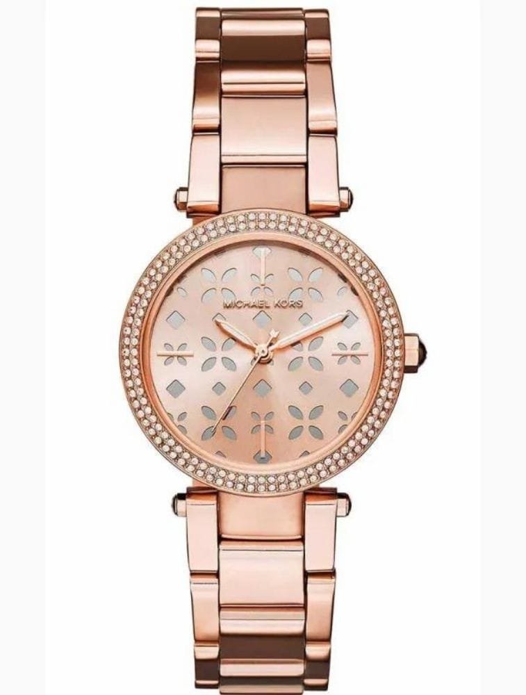 Marque: Michael Kors Modèle: Parker Boîtier: Diamètre : 33 mm Epaisseur : 9 mm Acier inoxydable Doré Cadran: Verre : Minéral Doré Bracelet: Largeur : 15 mm Acier inoxydable Doré Etanchéité: 100 m (10 ATM) Type de boucle: Boucle déployante