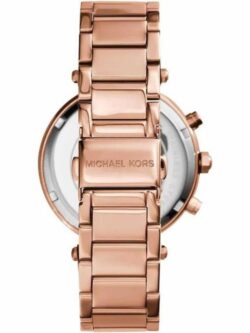 Marque: Michael Kors Modèle: Parker Boîtier: Diamètre : 33 mm Epaisseur : 9 mm Acier inoxydable Doré Cadran: Verre : Minéral Doré Bracelet: Largeur : 15 mm Acier inoxydable Doré Etanchéité: 100 m (10 ATM) Type de boucle: Boucle déployante
