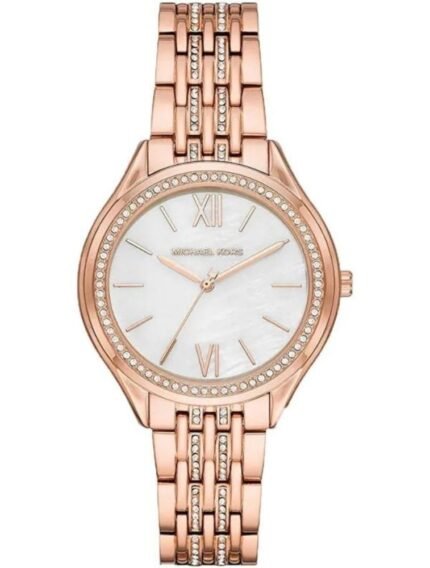Marque: Michael Kors Modèle:RITZ Mindy Boîtier: Diamètre : 36 mm Epaisseur : 8 mm Acier inoxydable Bronze Cadran: Verre : Minéral Bronze Bracelet: Acier inoxydable Bronze Etanchéité: 50 m (5 ATM) Type de boucle: Boucle déployant