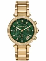 Marque: Michael Kors Modèle: Parker Boîtier: Diamètre : 38 mm Acier inoxydable Doré Cadran: Verre : Minéral Vert Bracelet: Largeur : 22 mm Acier inoxydable Doré Type de boucle: Boucle déployante Détails techniques: Dateur Chronomètre