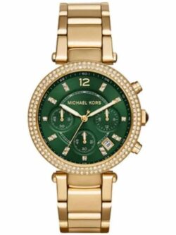Marque: Michael Kors Modèle: Parker Boîtier: Diamètre : 38 mm Acier inoxydable Doré Cadran: Verre : Minéral Vert Bracelet: Largeur : 22 mm Acier inoxydable Doré Type de boucle: Boucle déployante Détails techniques: Dateur Chronomètre
