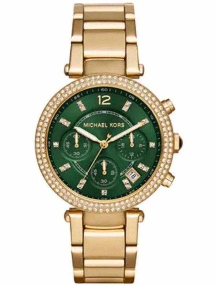 Marque: Michael Kors Modèle: Parker Boîtier: Diamètre : 38 mm Acier inoxydable Doré Cadran: Verre : Minéral Vert Bracelet: Largeur : 22 mm Acier inoxydable Doré Type de boucle: Boucle déployante Détails techniques: Dateur Chronomètre