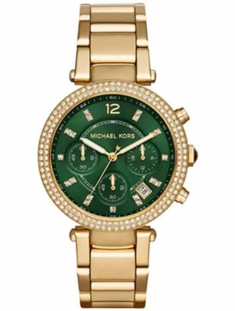 Marque: Michael Kors Modèle: Parker Boîtier: Diamètre : 38 mm Acier inoxydable Doré Cadran: Verre : Minéral Vert Bracelet: Largeur : 22 mm Acier inoxydable Doré Type de boucle: Boucle déployante Détails techniques: Dateur Chronomètre