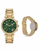 Marque: Michael Kors Modèle: Parker Boîtier: Diamètre : 38 mm Acier inoxydable Doré Cadran: Verre : Minéral Vert Bracelet: Largeur : 22 mm Acier inoxydable Doré Type de boucle: Boucle déployante Détails techniques: Dateur Chronomètre