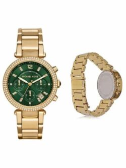 Marque: Michael Kors Modèle: Parker Boîtier: Diamètre : 38 mm Acier inoxydable Doré Cadran: Verre : Minéral Vert Bracelet: Largeur : 22 mm Acier inoxydable Doré Type de boucle: Boucle déployante Détails techniques: Dateur Chronomètre