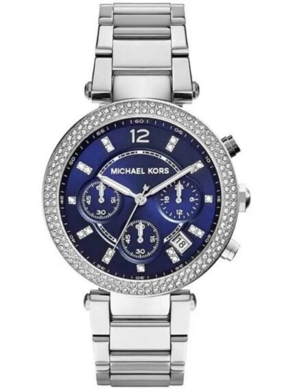 Marque: Michael Kors Modèle: Parker Boîtier: Diamètre : 39 mm Epaisseur : 11 mm Acier inoxydable Argent Cadran: Verre : Minéral Bleu Bracelet: Largeur : 20 mm Acier inoxydable Argent Etanchéité: 100 m (10 ATM) Type de boucle: Boucle déployante Détails techniques: Dateur Chronomètre