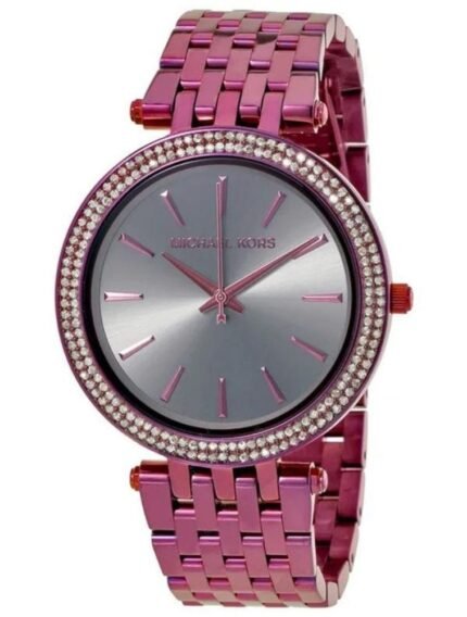 Marque: Michael Kors Modèle: Darci Boîtier: Diamètre : 39 mm Epaisseur : 8 mm Acier inoxydable Plum-tone Cadran: Verre : Minéral Plum-tone Bracelet: Acier inoxydable Plum-tone Etanchéité: 50 m (5 ATM) Type de boucle: Boucle déployante