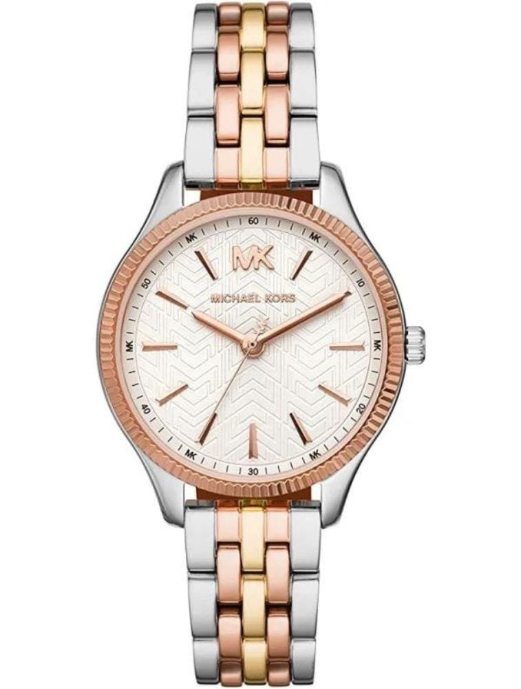 Marque: Michael Kors Modèle:RITZ RITZ Boîtier: Diamètre : 37 mm Epaisseur : 8 mm Acier inoxydable Bronze Cadran: Verre : Minéral Bronze Bracelet: Acier inoxydable Bronze Etanchéité: 50 m (5 ATM) Type de boucle: Boucle déployant
