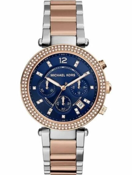 Marque: Michael Kors Modèle: Parker Boîtier: Diamètre : 39 mm Epaisseur : 11 mm Acier inoxydable Argent, doré Cadran: Verre : Minéral Bleu Bracelet: Largeur : 20 mm Acier inoxydable Argent, doré Etanchéité: 100 m (10 ATM) Type de boucle: Boucle déployante Détails techniques: Dateur Chronomètre