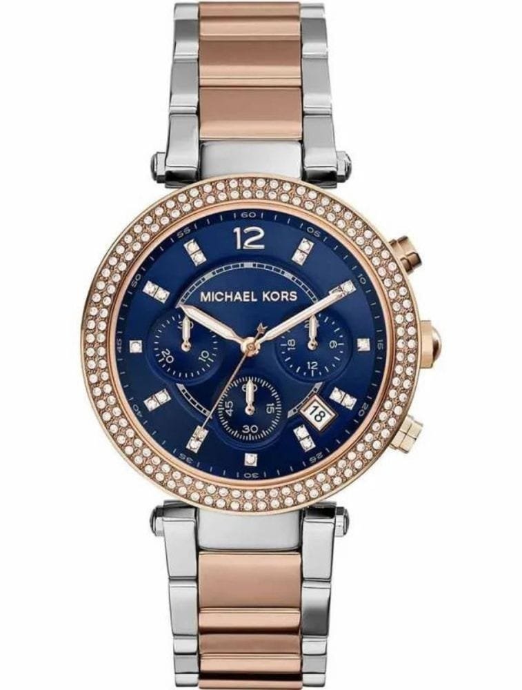 Marque: Michael Kors Modèle: Parker Boîtier: Diamètre : 39 mm Epaisseur : 11 mm Acier inoxydable Argent, doré Cadran: Verre : Minéral Bleu Bracelet: Largeur : 20 mm Acier inoxydable Argent, doré Etanchéité: 100 m (10 ATM) Type de boucle: Boucle déployante Détails techniques: Dateur Chronomètre