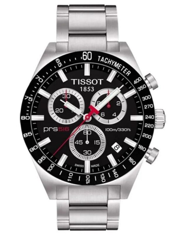 Marque: TISSOT Modèle: PRS516 Boîtier: Diamètre : 40 mm Epaisseur : 10 mm Acier inoxydable Argent Cadran: Verre : Minéral Noir Bracelet: Largeur : 20 mm Acier inoxydable Argent, noir Etanchéité: 100 m (10 ATM) Type de boucle: Boucle déployante Détails techniques: Dateur Chronomètre