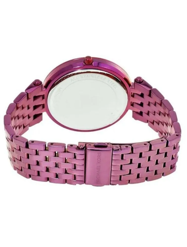 Marque: Michael Kors Modèle: Darci Boîtier: Diamètre : 39 mm Epaisseur : 8 mm Acier inoxydable Plum-tone Cadran: Verre : Minéral Plum-tone Bracelet: Acier inoxydable Plum-tone Etanchéité: 50 m (5 ATM) Type de boucle: Boucle déployante