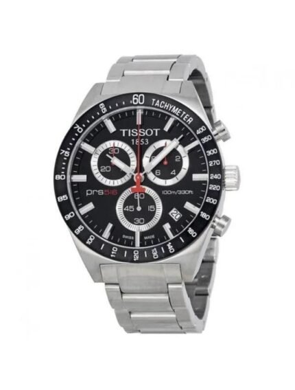 Marque: TISSOT Modèle: PRS516 Boîtier: Diamètre : 40 mm Epaisseur : 10 mm Acier inoxydable Argent Cadran: Verre : Minéral Noir Bracelet: Largeur : 20 mm Acier inoxydable Argent, noir Etanchéité: 100 m (10 ATM) Type de boucle: Boucle déployante Détails techniques: Dateur Chronomètre