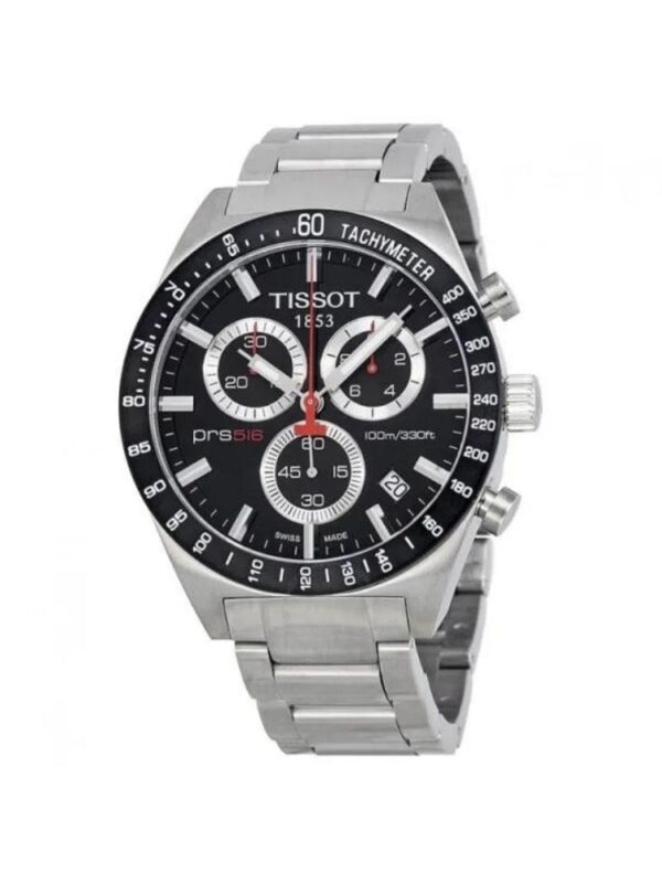 Marque: TISSOT Modèle: PRS516 Boîtier: Diamètre : 40 mm Epaisseur : 10 mm Acier inoxydable Argent Cadran: Verre : Minéral Noir Bracelet: Largeur : 20 mm Acier inoxydable Argent, noir Etanchéité: 100 m (10 ATM) Type de boucle: Boucle déployante Détails techniques: Dateur Chronomètre