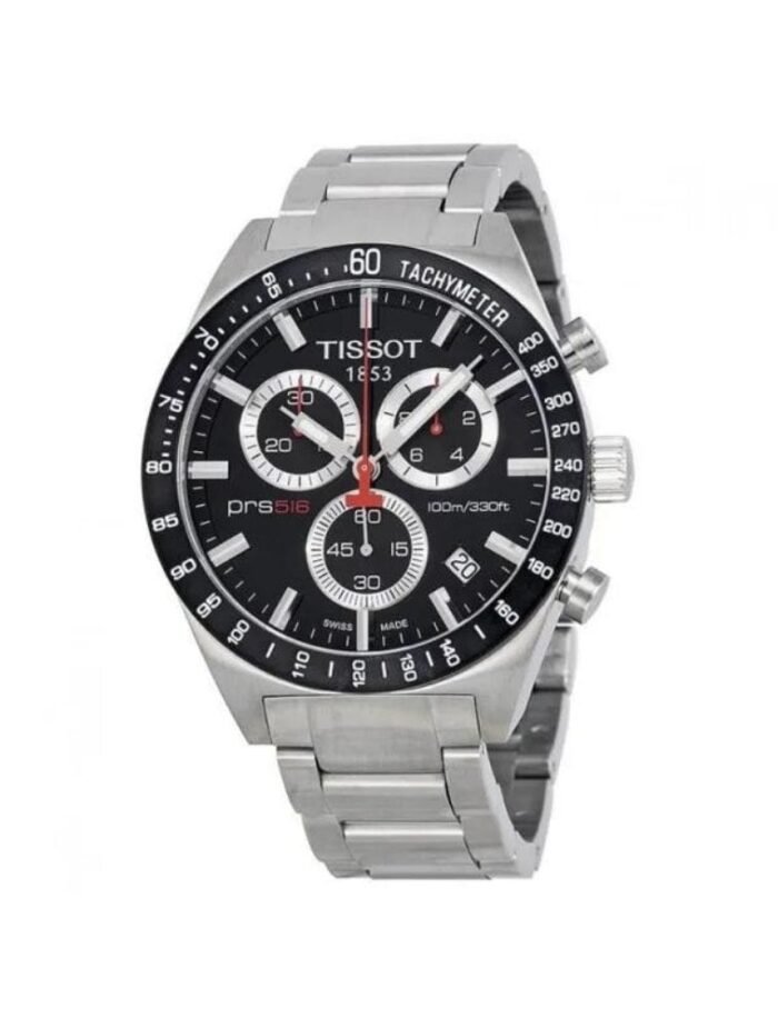 Marque: TISSOT Modèle: PRS516 Boîtier: Diamètre : 40 mm Epaisseur : 10 mm Acier inoxydable Argent Cadran: Verre : Minéral Noir Bracelet: Largeur : 20 mm Acier inoxydable Argent, noir Etanchéité: 100 m (10 ATM) Type de boucle: Boucle déployante Détails techniques: Dateur Chronomètre
