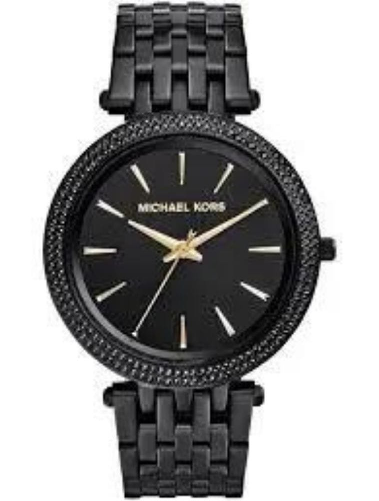 Marque: Michael Kors Modèle: Darci Black Boîtier: Diamètre : 39 mm Epaisseur : 7 mm Acier inoxydable Noir Cadran: Verre : Minéral Noir Bracelet: Largeur : 19 mm Acier inoxydable Noir Etanchéité: 50 m (5 ATM) Type de boucle: Boucle déployante Détails techniques: Dateur Chronomètre