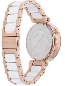 Marque: Michael Kors Modèle: Parker Boîtier: Diamètre : 39 mm Epaisseur : 12 mm Acier inoxydable Doré Cadran: Verre : Minéral Blanc Bracelet: Largeur : 20 mm Acier inoxydable Blanc, doré Etanchéité: 100 m (10 ATM) Type de boucle: Boucle déployante Détails techniques: Dateur Chronomètre