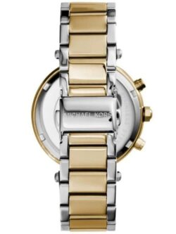 Marque: Michael Kors Modèle: Parker Boîtier: Diamètre : 39 mm Epaisseur : 11.5 mm Acier inoxydable Doré Cadran: Verre : Minéral Argent Bracelet: Largeur : 20 mm Acier inoxydable Argent, doré Etanchéité: 100 m (10 ATM) Type de boucle: Boucle déployante Détails techniques: Dateur Chronomètre