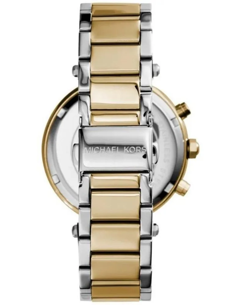 Marque: Michael Kors Modèle: Parker Boîtier: Diamètre : 39 mm Epaisseur : 11.5 mm Acier inoxydable Doré Cadran: Verre : Minéral Argent Bracelet: Largeur : 20 mm Acier inoxydable Argent, doré Etanchéité: 100 m (10 ATM) Type de boucle: Boucle déployante Détails techniques: Dateur Chronomètre