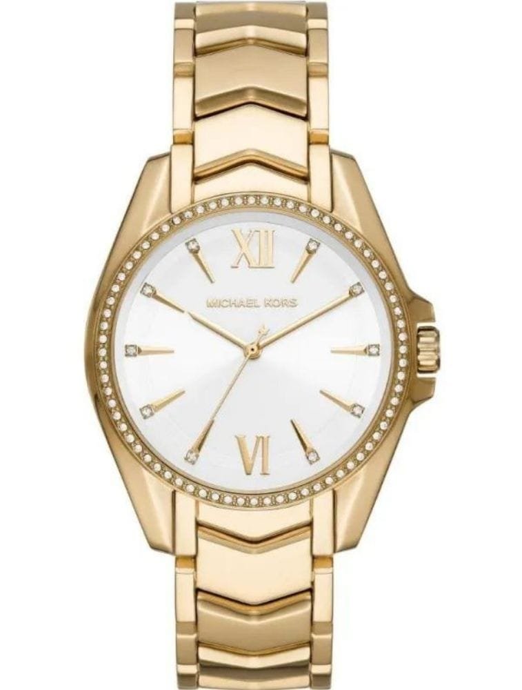 Marque: Michael Kors Modèle: Whitney Boîtier: Diamètre : 3_mm Epaisseur : 8 mm Acier inoxydable Bronze Cadran: Verre : Minéral Bronze Bracelet: Acier inoxydable Bronze Etanchéité: 50 m (5 ATM) Type de boucle: Boucle déployant
