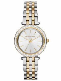 Marque: Michael Kors Modèle: Darci Boîtier: Diamètre : 33 mm Epaisseur : 7 mm Acier inoxydable Argent Cadran: Verre : Minéral Argent Bracelet: Acier inoxydable Argent, doré Etanchéité: 50 m (5 ATM) Type de boucle: Boucle déployante