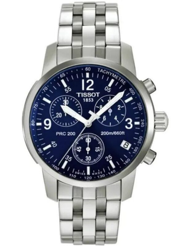Marque: TISSOT Modèle: PRC200 Boîtier: Diamètre : 40 mm Epaisseur : 12 mm Acier inoxydable Argent Cadran: Verre : Minéral Bleu Bracelet: Acier inoxydable Argent Etanchéité: 200 m (20 ATM) Type de boucle: Boucle déployante Détails techniques: Dateur Chronomètre