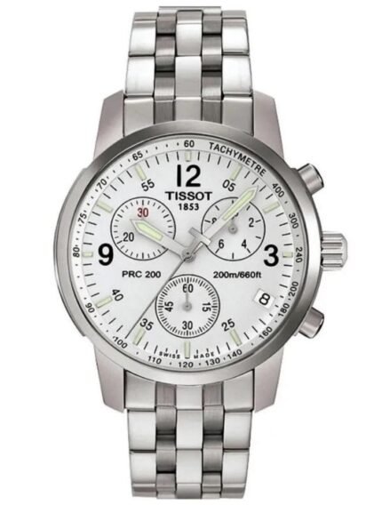 Marque: TISSOT Modèle: PRC200 Boîtier: Diamètre : 40 mm Epaisseur : 12 mm Acier inoxydable Argent Cadran: Verre : Minéral Blanc Bracelet: Largeur : 18 mm Acier inoxydable Argent Etanchéité: 200 m (20 ATM) Type de boucle: Boucle déployante Détails techniques: Dateur Chronomètre