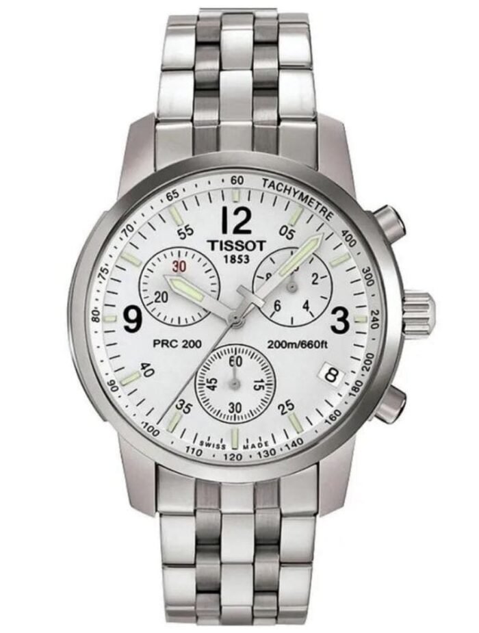 Marque: TISSOT Modèle: PRC200 Boîtier: Diamètre : 40 mm Epaisseur : 12 mm Acier inoxydable Argent Cadran: Verre : Minéral Blanc Bracelet: Largeur : 18 mm Acier inoxydable Argent Etanchéité: 200 m (20 ATM) Type de boucle: Boucle déployante Détails techniques: Dateur Chronomètre