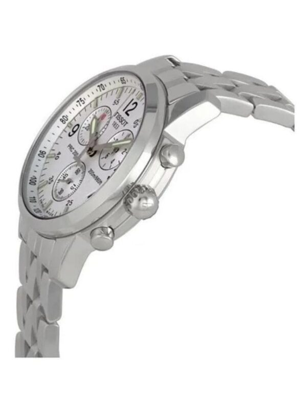 Marque: TISSOT Modèle: PRC200 Boîtier: Diamètre : 40 mm Epaisseur : 12 mm Acier inoxydable Argent Cadran: Verre : Minéral Blanc Bracelet: Largeur : 18 mm Acier inoxydable Argent Etanchéité: 200 m (20 ATM) Type de boucle: Boucle déployante Détails techniques: Dateur Chronomètre