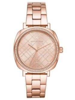 Marque: Michael Kors Modèle: NIA Boîtier: Diamètre : 38 mm Epaisseur : 8 mm Acier inoxydable Bronze Cadran: Verre : Minéral Bronze Bracelet: Acier inoxydable Bronze Etanchéité: 50 m (5 ATM) Type de boucle: Boucle déployant