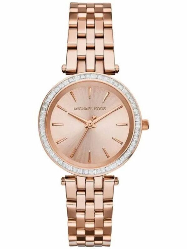 Montre Michael Kors Mini Darci MK3366 en or rose avec lunette à cristaux pour femme au Maroc.