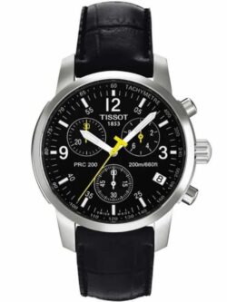 Marque: TISSOT Modèle: PRC200 Boîtier: Diamètre : 40 mm Epaisseur : 11 mm Acier inoxydable Argent Cadran: Verre : Minéral Noir Bracelet: Largeur : 19 mm Cuir Noir Etanchéité: 200 m (20 ATM) Type de boucle: Boucle déployante Détails techniques: Dateur Chronomètre