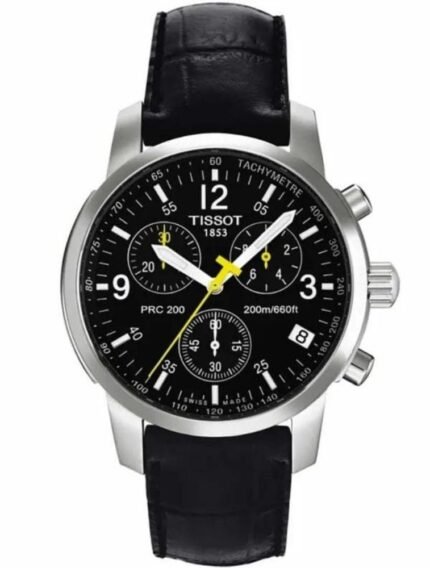 Marque: TISSOT Modèle: PRC200 Boîtier: Diamètre : 40 mm Epaisseur : 11 mm Acier inoxydable Argent Cadran: Verre : Minéral Noir Bracelet: Largeur : 19 mm Cuir Noir Etanchéité: 200 m (20 ATM) Type de boucle: Boucle déployante Détails techniques: Dateur Chronomètre