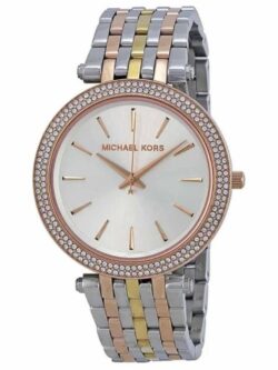 Marque: Michael Kors Modèle: Darci Boîtier: Diamètre : 39 mm Epaisseur : 7 mm Acier inoxydable Argent, doré Cadran: Verre : Minéral Argent Bracelet: Largeur : 19 mm Acier inoxydable Argent, doré Etanchéité: 50 m (5 ATM) Type de boucle: Boucle déployante Détails techniques: Dateur Chronomètre