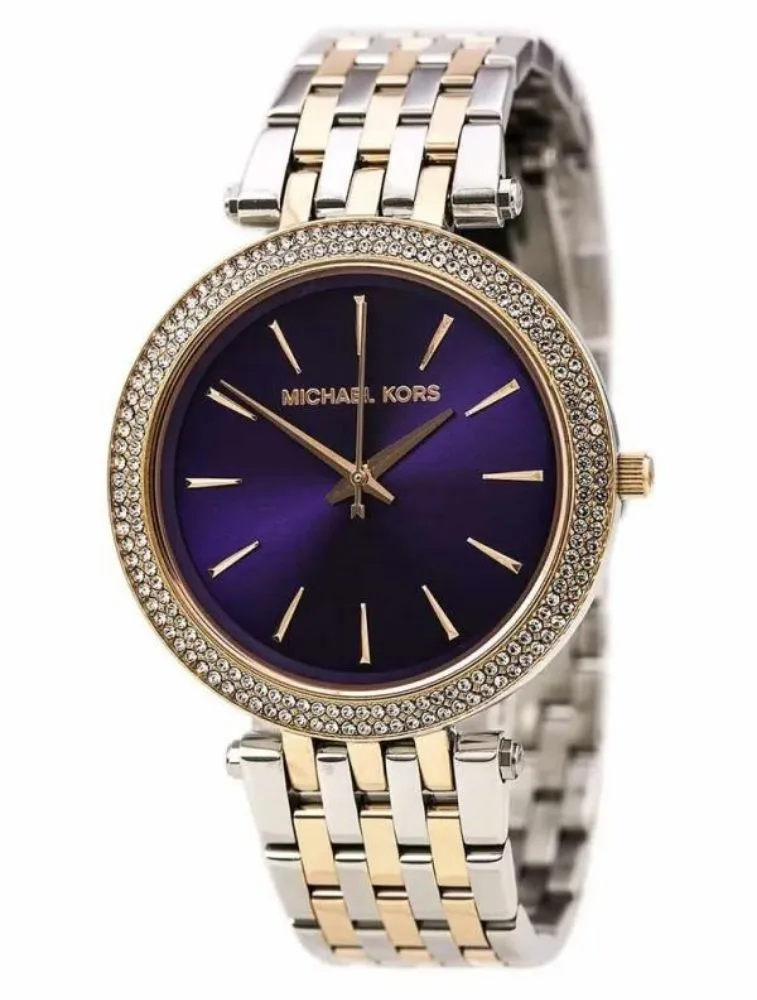 Montre Michael Kors Darci MK3353 avec cadran violet et lunette à cristaux pour femme au Maroc.