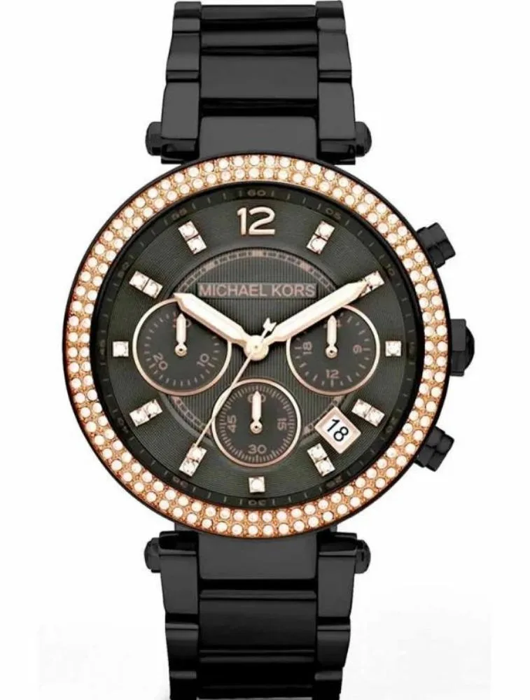 Montre Michael Kors MK5885 noire et or rose avec cristaux pour femme au Maroc.