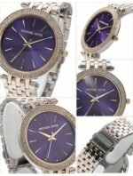 Marque: Michael Kors Modèle: Darci Boîtier: Diamètre : 39 mm Epaisseur : 14 mm Acier inoxydable Argent, doré Cadran: Verre : Minéral Violet Bracelet: Acier inoxydable Argent, doré Etanchéité: 50 m (5 ATM) Type de boucle: Boucle déployante