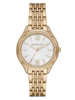 Marque: Michael Kors Modèle:RITZ Mindy Boîtier: Diamètre : 36 mm Epaisseur : 8 mm Acier inoxydable GOLD Cadran: Verre : Minéral GOLD Bracelet: Acier inoxydable Bronze Etanchéité: 50 m (5 ATM) Type de boucle: Boucle déployant