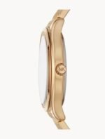 Marque: Michael Kors Modèle:RITZ Mindy Boîtier: Diamètre : 36 mm Epaisseur : 8 mm Acier inoxydable GOLD Cadran: Verre : Minéral GOLD Bracelet: Acier inoxydable Bronze Etanchéité: 50 m (5 ATM) Type de boucle: Boucle déployant